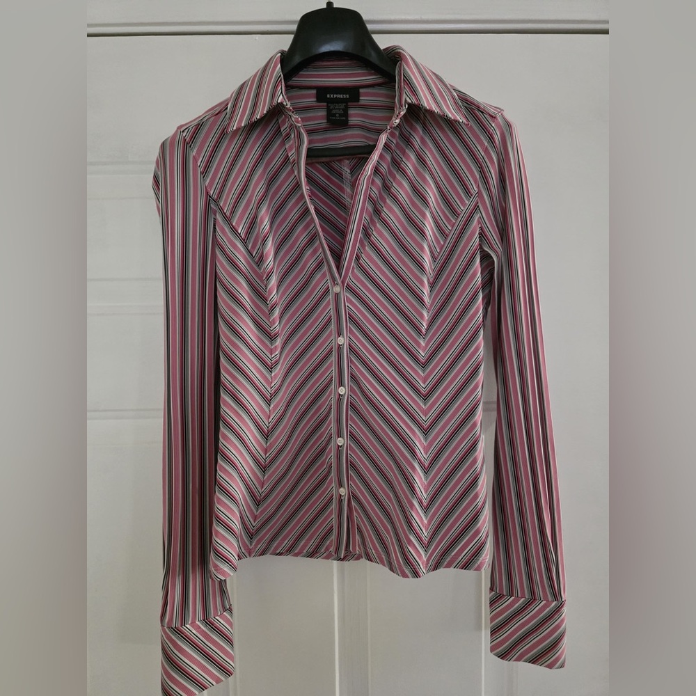Express Women’s Pink Multi-Striped Button-Down Shirt